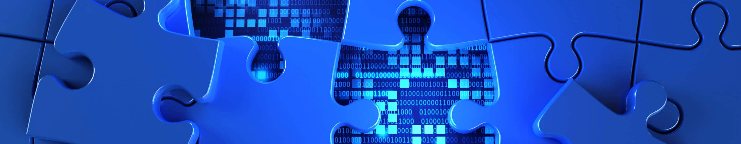 Blue jigsaw puzzle from the panel shows a background of tech code numbers. concept of technology and important parts for program design and business online network connection